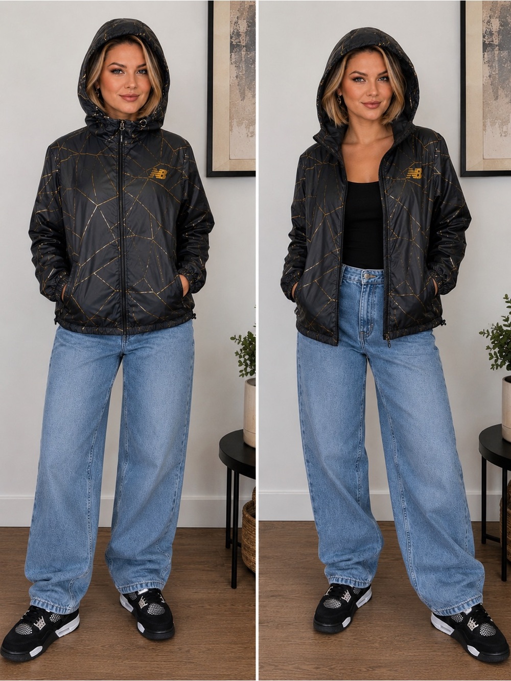 New Balance Black Hooded Packable Jacket with Gold Stitch Pattern XL